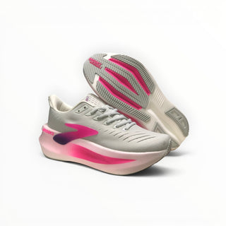 FWSports Shoes Glycerin Max 2 women's running shoes in grey with vibrant red and purple cushioned midsole details.