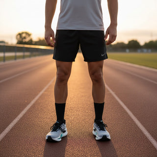FWSports Shoes Glycerin Max 2 grey running shoes on a runner standing on an outdoor track at sunset.