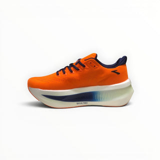 FWSports Shoes Glycerin Max 2 women's running shoes in bright orange with thick white cushioned midsole and blue laces.