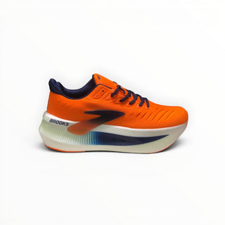 FWSports Shoes Glycerin Max 2 women's running shoe in vibrant orange with thick white cushioned midsole and blue accents