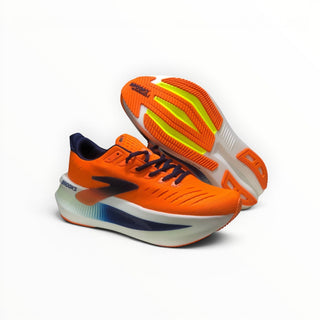 FWSports Shoes Glycerin Max 2 men's running shoes in bright orange with thick white cushioned soles and blue accents.