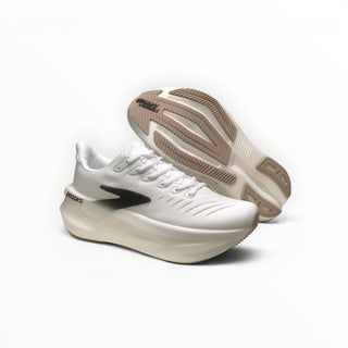 FWSports Shoes Glycerin Max 2 women's running shoes in white and black with thick cushioned soles and rocker design.