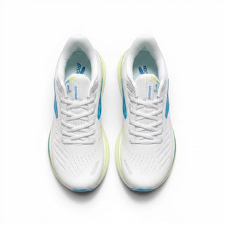 FWSports Shoes Glycerin Max 2 women's running shoes in white with light blue and neon yellow accents, top-down view.