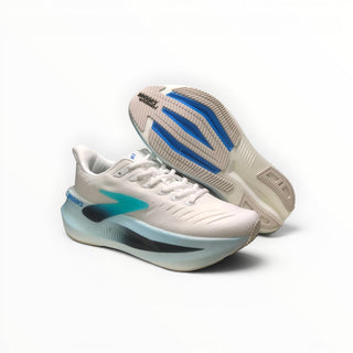 FWSports Shoes Glycerin Max 2 women's running shoes in white and blue with thick cushioned soles and rocker design.