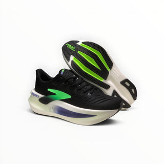 FWSports Shoes Glycerin Max 2 men's running shoes in black and green with thick white cushioned midsoles.
