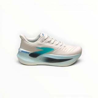 FWSports Shoes Glycerin Max 2 men's running shoes in white and blue with high-stack plush cushioning and rocker sole.
