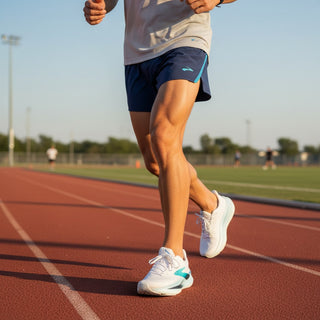 FWSports Shoes Glycerin Max 2 running shoes in white and blue worn by a runner on a red outdoor track