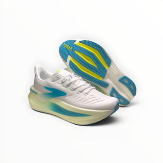 FWSports Shoes Glycerin Max 2 women's running shoes in white with blue and gold accents and thick cushioned soles.
