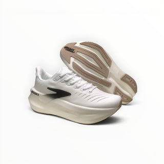 FWSports Shoes Glycerin Max 2 men's running shoes in white and black with thick cushioned soles and rocker design.