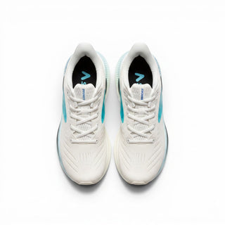 FWSports Shoes Glycerin Max 2 women's running shoes in white and blue with plush cushioning and a smooth rocker sole.