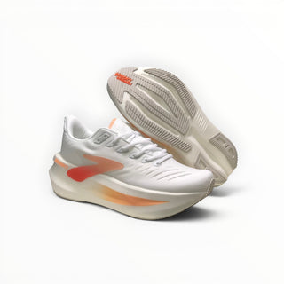 FWSports Shoes Glycerin Max 2 women's running shoes in white and orange with thick plush cushioning and rocker sole.