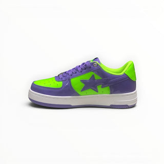 FWSports Shoes BAPE STA low-top sneakers in vibrant green and purple patent leather with a side star logo