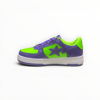 FWSports Shoes BAPE STA low-top sneakers in vibrant green and purple patent leather with a side star logo.
