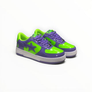 FWSports Shoes BAPE STA low-top sneakers in vibrant green and purple patent leather with a white rubber sole.