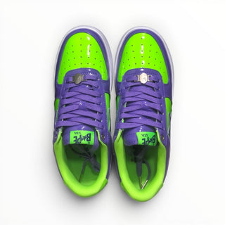 FWSports Shoes BAPE STA low-top sneakers in vibrant green and purple patent leather with lace-up closure and logo detail.