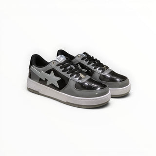 FWSports Shoes BAPE STA low-top sneakers in grey and black patent leather with signature star logo and white midsole.