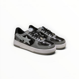 FWSports Shoes BAPE STA low-top sneakers in grey and black patent leather with signature star logo and white midsole.