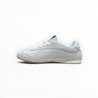 FWSports Shoes Alo Yoga Sunset grey low-top lifestyle sneakers with a suede upper and gum rubber outsole.