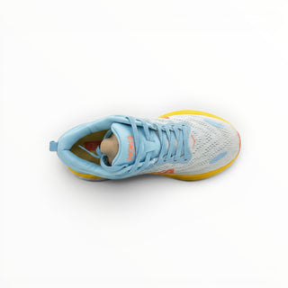 FWSports Shoes Hoka Bondi 8 women's running shoe in Summer Song and Country Air blue and yellow mesh top view