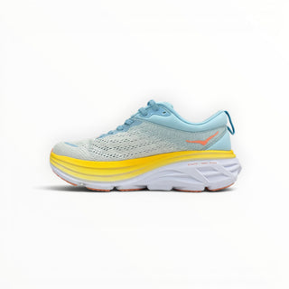 FWSports Shoes Hoka Bondi 8 men's running shoe in light blue and yellow with a thick cushioned midsole.