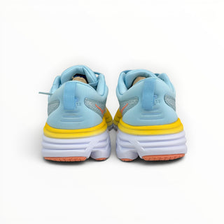 FWSports Shoes Hoka Bondi 8 women's running shoes in light blue, yellow, and peach, showing the cushioned heel view.