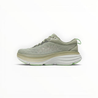FWSports Shoes Hoka Bondi 8 women's running shoe in olive haze and mercury with a thick cushioned foam midsole.