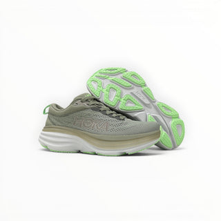 FWSports Shoes Hoka Bondi 8 women's running shoes in olive haze and mercury with a thick cushioned foam sole.