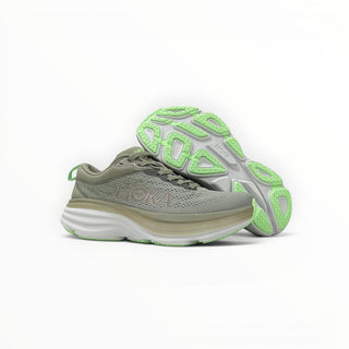 FWSports Shoes Hoka Bondi 8 men's running shoes in olive haze and mercury with a thick cushioned sole and green outsole.