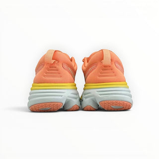 Rear view of FWSports Shoes Hoka Bondi 8 women's running shoes in orange with thick cushioned soles