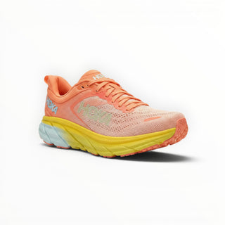 FWSports Shoes Hoka Bondi 8 men's running shoe in orange with a yellow cushioned midsole and breathable mesh upper.
