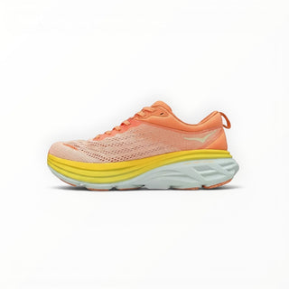 FWSports Shoes Hoka Bondi 8 women's running shoe in orange with a thick yellow cushioned midsole and mesh upper.