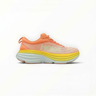 FWSports Shoes Hoka Bondi 8 women's running shoe in orange with a thick yellow and light blue cushioned midsole.