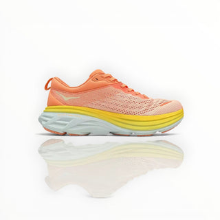FWSports Shoes Hoka Bondi 8 men's running shoe in vibrant orange with a thick yellow and grey cushioned midsole.