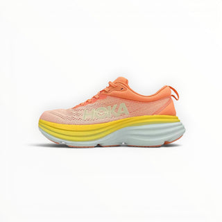 FWSports Shoes Hoka Bondi 8 men's running shoe in vibrant orange with a thick yellow and light blue cushioned midsole.