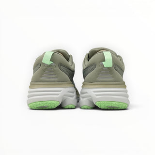 Rear view of FWSports Shoes Hoka Bondi 8 women's running shoes in olive haze and mercury with a heel pull tab.