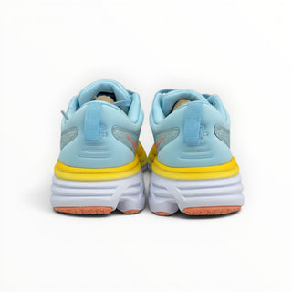 FWSports Shoes Hoka Bondi 8 men's running shoes in light blue, yellow, and orange, showing the rear heel view.