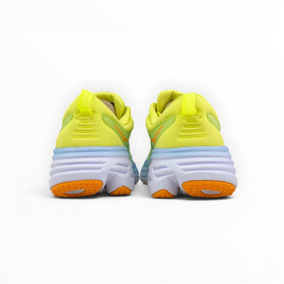 Rear view of FWSports Shoes Hoka Bondi 8 women's running shoes in bright yellow and light blue with orange accents.
