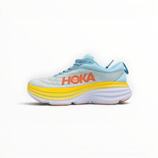 FWSports Shoes Hoka Bondi 8 women's running shoe in light blue, yellow, and orange with a thick cushioned midsole.