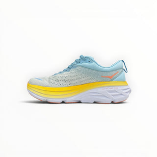 FWSports Shoes Hoka Bondi 8 women's running shoe in light blue and yellow with a thick cushioned midsole.