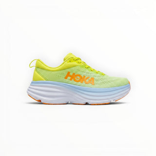 FWSports Shoes Hoka Bondi 8 women's running shoe in butterfly evening primrose yellow with orange logo and thick sole