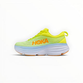 FWSports Shoes Hoka Bondi 8 men's running shoe in yellow mesh with orange logo and thick white cushioned midsole.