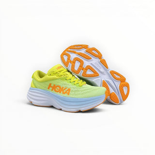 FWSports Shoes Hoka Bondi 8 women's running shoes in butterfly evening primrose yellow with orange accents and thick sole.
