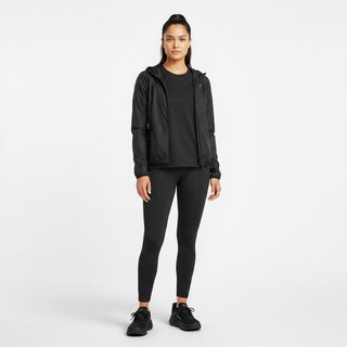 A woman wearing a black FWSports Shoes Hoka Bondi 9 running shoe with a matching black athletic outfit.
