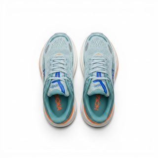 FWSports Shoes Hoka Bondi 9 men's running shoes in light blue and orange with breathable mesh and plush cushioning.