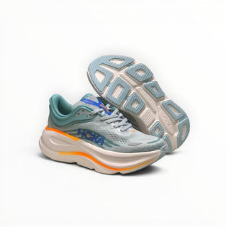 FWSports Shoes women's Hoka Bondi 9 running shoes in light blue and orange with a thick cushioned EVA midsole.