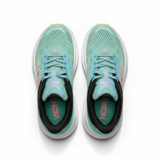 FWSports Shoes Womens Hoka Bondi 9 running shoes in green and light blue with plush cushioning and mesh upper