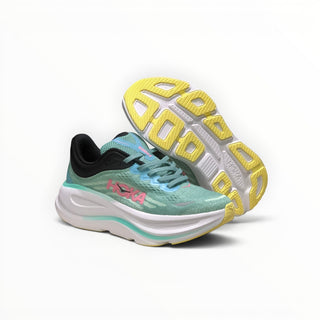 FWSports Shoes Hoka Bondi 9 women's running shoes in green and light blue with thick white EVA midsoles and yellow outsoles.