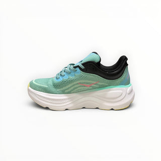 FWSports Shoes Womens Hoka Bondi 9 running shoe in green and light blue with a thick white cushioned EVA midsole.