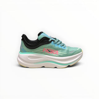 FWSports Shoes Women's Hoka Bondi 9 running shoe in green and light blue with plush white midsole and pink logo