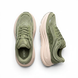 FWSports Shoes Hoka Bondi 9 men's running shoes in olive green with plush EVA midsole and breathable mesh upper.